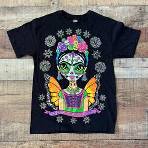 Frida Kahlo Skull Front Back Double Sided Print Short Sleeve Graphic Tee T-shirt